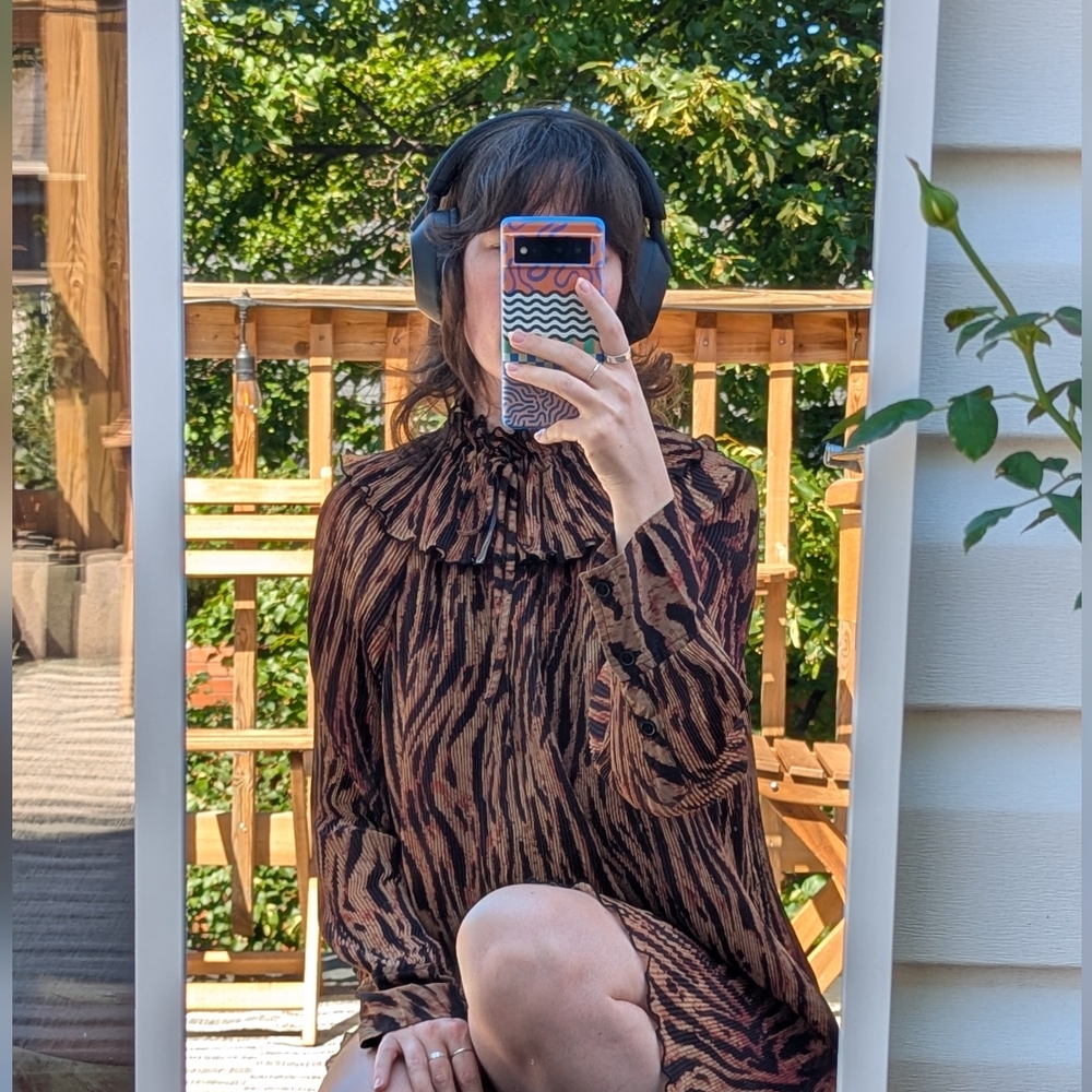 Ganni Tiger-Print Mini Dress in Brown and Black - Picture 2 of 6